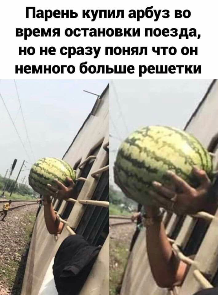 Парень купил арбуз во время остановки поезда но не сразу понял что он немного больше решетки и
