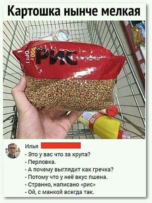 это у вас что за крупа Перловка А почему выглядит как гречка Потому что у неё вкус пшена Странно написано рис Ой с мамкой всегда так