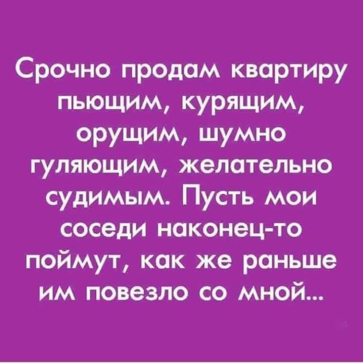 Срочно продам квартиру пьющим курящим орущим шумно гуляющим желательно судимым Пусть мои соседи наконец то поймут как же раньше им повезло со мной