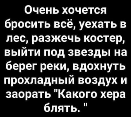 Очень хочется бросить всё уехать в лес разжечь костер выйти под звезды на берег реки вдохнуть прохладный воздух и заорать Какого хера блять
