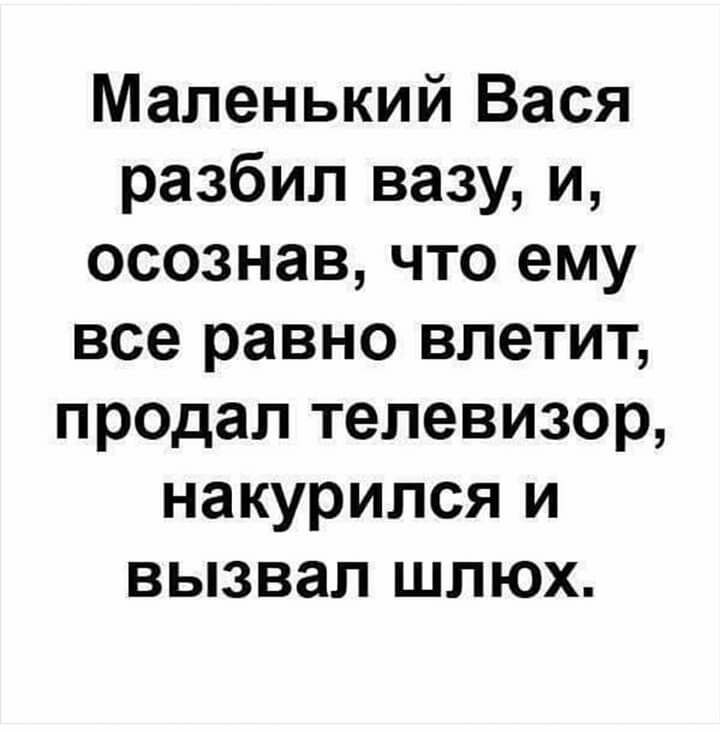 Маленький Вася разбил вазу и осознав что ему все равно влетит продал телевизор накурился и вызвал шлюх