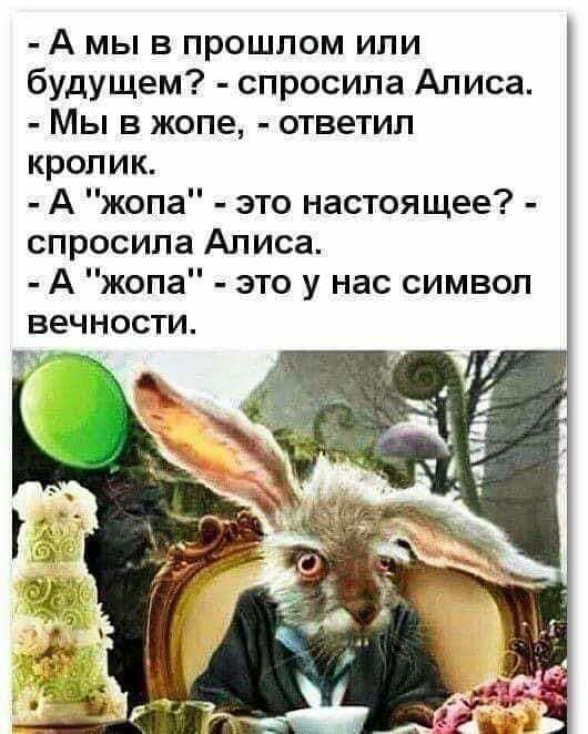 А мы в прошлом или будущем спросила Алиса Мы в жопе ответил кролик А жопа это настоящее спросила Алиса А жопа это у нас символ вечности