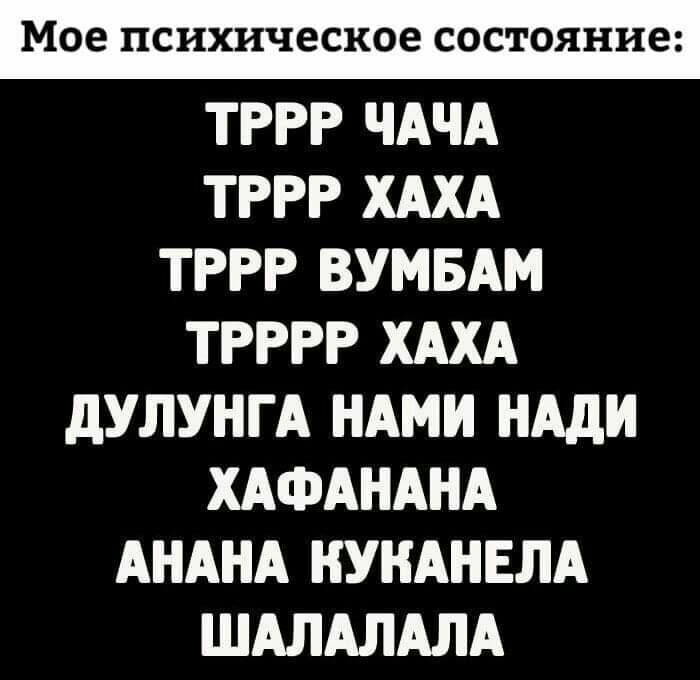 Мое психическое состояние ТРРР ЧАЧА ТРРР ХАХА ТРРР ВУМБАМ ТРРРР ХАХА дУЛУНГА НАМИ НАДИ ХАФАНАНА АНАНА НУНАНЕЛА ШАЛАЛАЛА