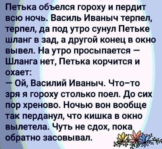 Петька объелся гороху и пердит всю ночь Василь Иваныч терпел терпел да под утро сунул Петьке Шланг в зад а другой конец в окно вывел На утро просыпается Шланга нет Петька корчится и охает Ой Василий Иваныч Чтото зря я гороху столько поел До сих пор хреново Ночью вон вообще так пердануп что кишка в окно вылетела Чуть не сдох пока е69атно засовывал
