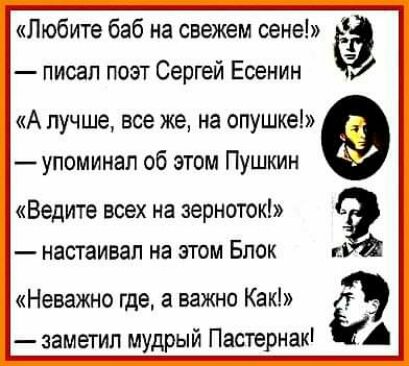 Любите баб на свежем сене писал поэт Сергей Есенин А лучше все же на опушке упоминал об этом Пушкин Ведите всех на зерноток настаивал на этом Блок Неважно где а важно Как А заметил мудрый Пастернакі