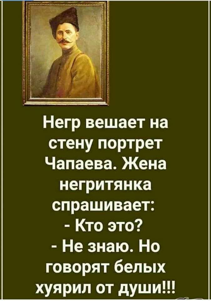 Негр вешает на стену портрет Чапаева Жена негритянка спрашивает Кто это Не знаю Но говорят белых хуярил от души