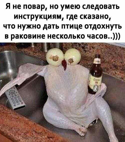 Я не ПОВВР НО умею СЛЕДОВЗТЬ ИНСТРУКЦИЯМ где сказано ЧТО НУЖНО дать ПТИЦЕ ОТДОХНУТЬ в раковине несколько часов 1
