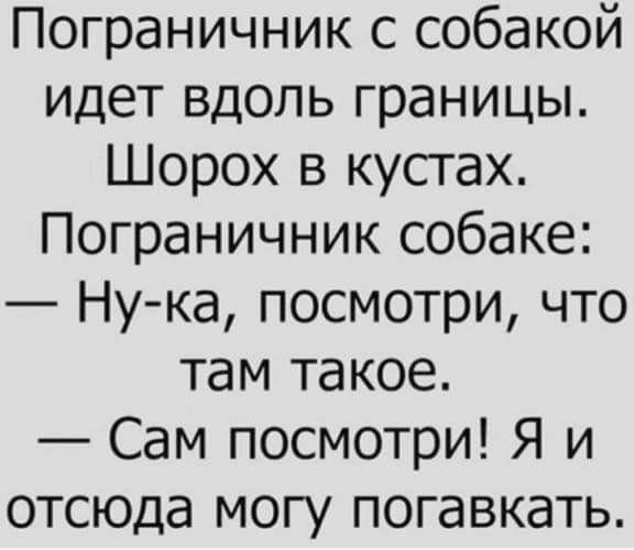 Пограничник с собакой идет вдоль границы Шорох в кустах Пограничник собаке Нука посмотри что там такое Сам посмотри Я и отсюда могу погавкать