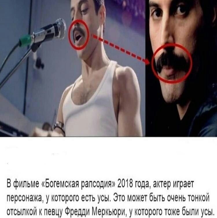 В фильме Богемская рапсодия 2018 года актер играет персонажа у которого есть усы Это может быть очень тонкой отсылкой к певцу Фредди Меркьюри у которого тоже были усы