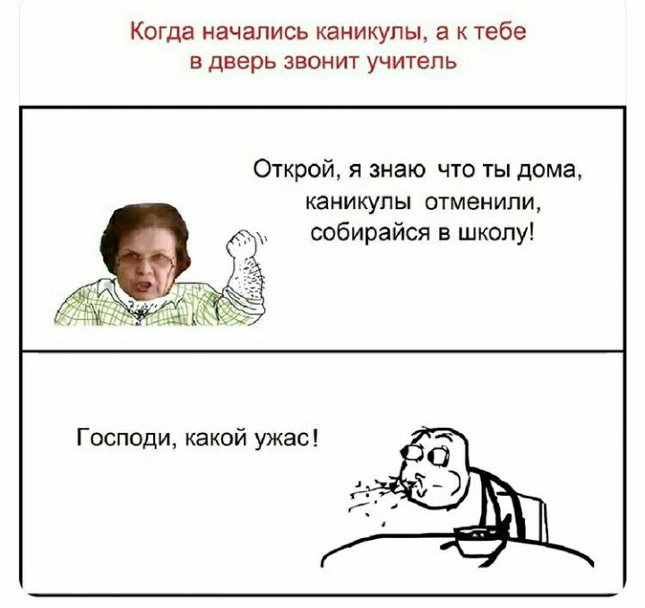 Когда НЭЧЗЛИСЬ КЭНИКУПЫ а К тебе В дверь ЗВОНИТ учитель Открой я знаю что ты дома каникулы отменили собирайся в школу