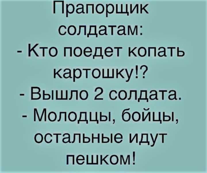 Прапорщик солдатам Кто поедет копать картошку Вышло 2 солдата Молодцы бойцы остальные идут пешком
