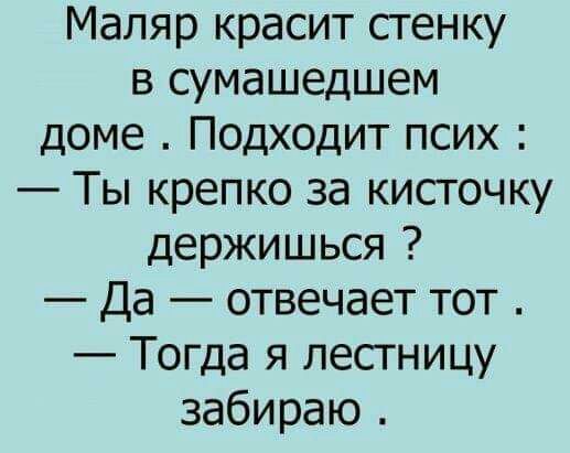 Маляр красит стенку в сумашедшем доме Подходит псих Ты крепко за кисточку держишься Да отвечает тот Тогда я лесгницу забираю