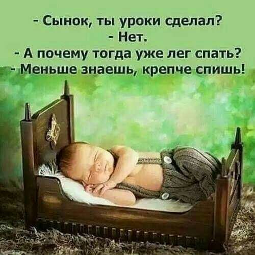 Сынок ты уроки сделал Нет А почему тогда уже лег спать Меньше знаешь крепче спишь