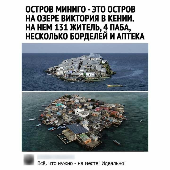 ОСГ РОВ МИНИГО ЭТО ОСТРОВ НА ОЗЕРЕ ВИКТОРИЯ В КЕНИИ НА НЕМ 131 ЖИТЕЛЬ 4 ПАБА НЕСКОЛЬКО БОРДЕЛЕЙ И АПТЕКА Всё что нужно на месте Идеально