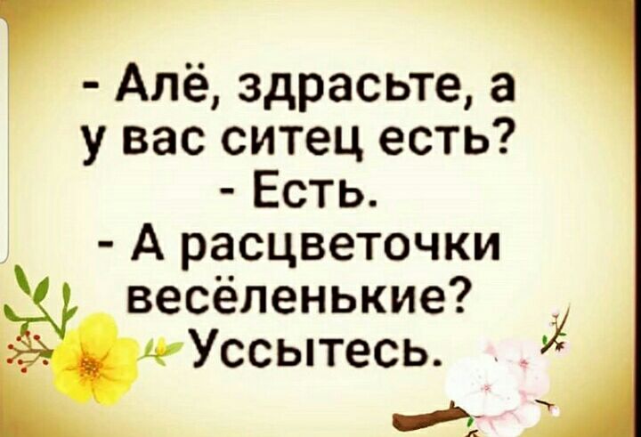 Алё здрасьте а у вас ситец есть Есть А расцветочки весёленькие Уссытесь