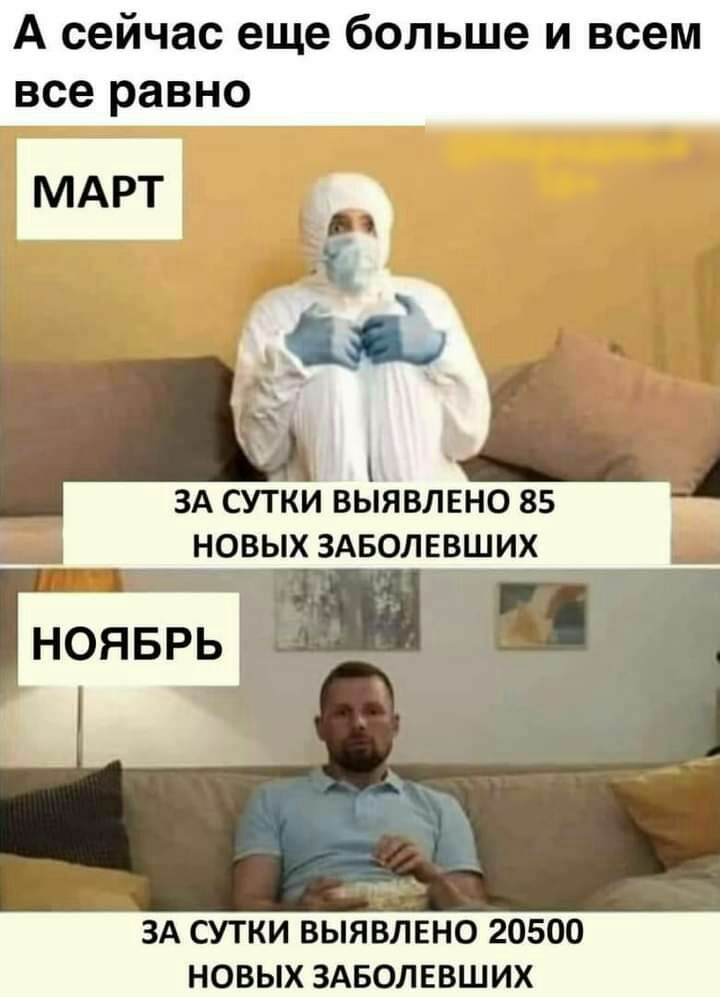 А сейчас еще больше и всем все равно ЗА СУТКИ ВЫЯВЛЕНО 85 НОВЫХ ЗАБОЛЕВШИХ ЗА СУТКИ ВЫЯВЛЕНО 20500 НОВЫХ ЗАБОЛЕВШИХ