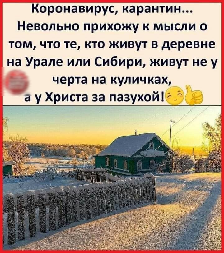 Коронавирус карантин Невольно прихожу к мысли о том что те кто живут в деревне на Урале или Сибири живут не у черта на куличках а у Христа за пазухой