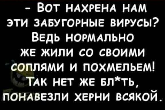 Вот НАХРЕНА НАМ эти здвугорные вирусы Ведь НОРМАЛЬНО же жили со своими соплями и похмельем ТАК нет же Блть поп мвезли херни всякой