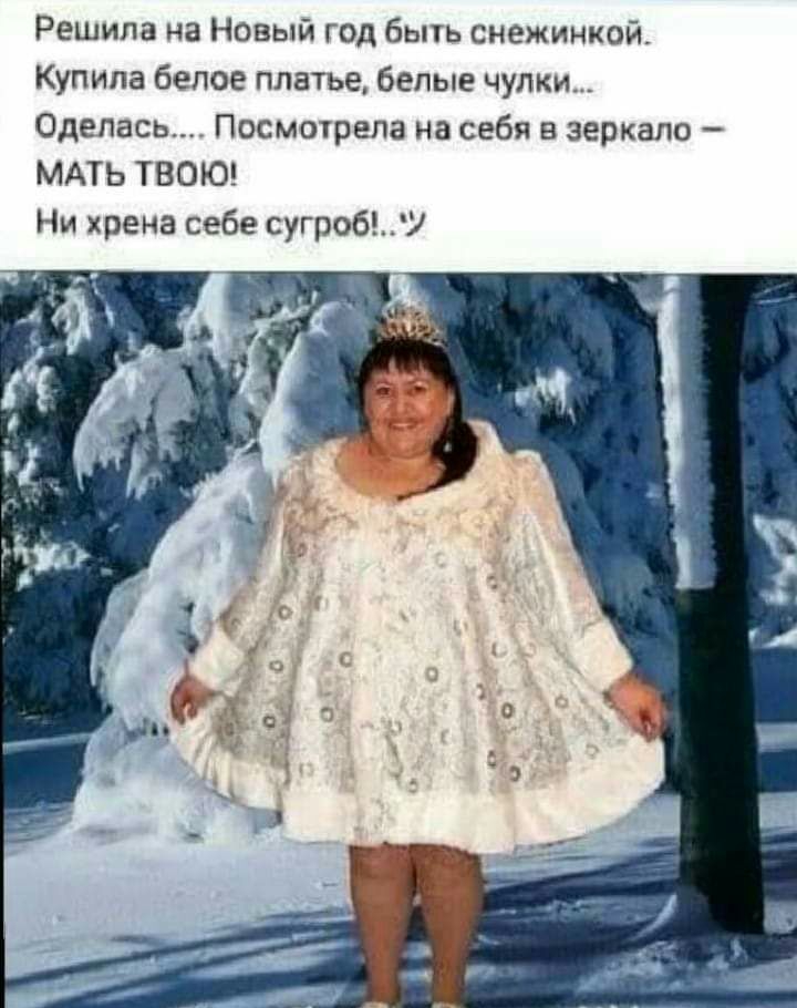 Решила на Новый год быть снежинкой Купила белое платье белые чулки Одепась Посмотрела на себя в зеркало МАТЬ ТВОЮ Ни хрена себе сугроб