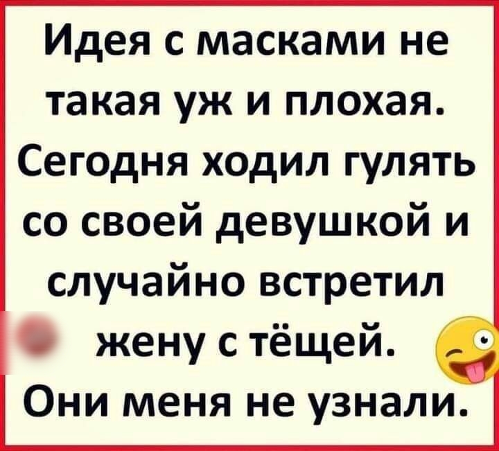 Идея с масками не такая уж и плохая Сегодня ходил гулять со своей девушкой и случайно встретил жену с тёщей Они меня не узнали