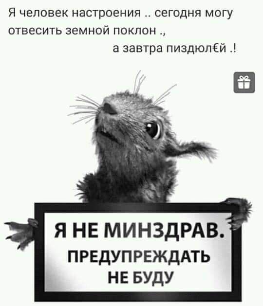 Я человек настроения сегодня могу отвесить земной поклон а завтра пиздюлёй Я НЕ МИНЗДРАВ ПРЕДУПРЕЖДАТЬ не вуду