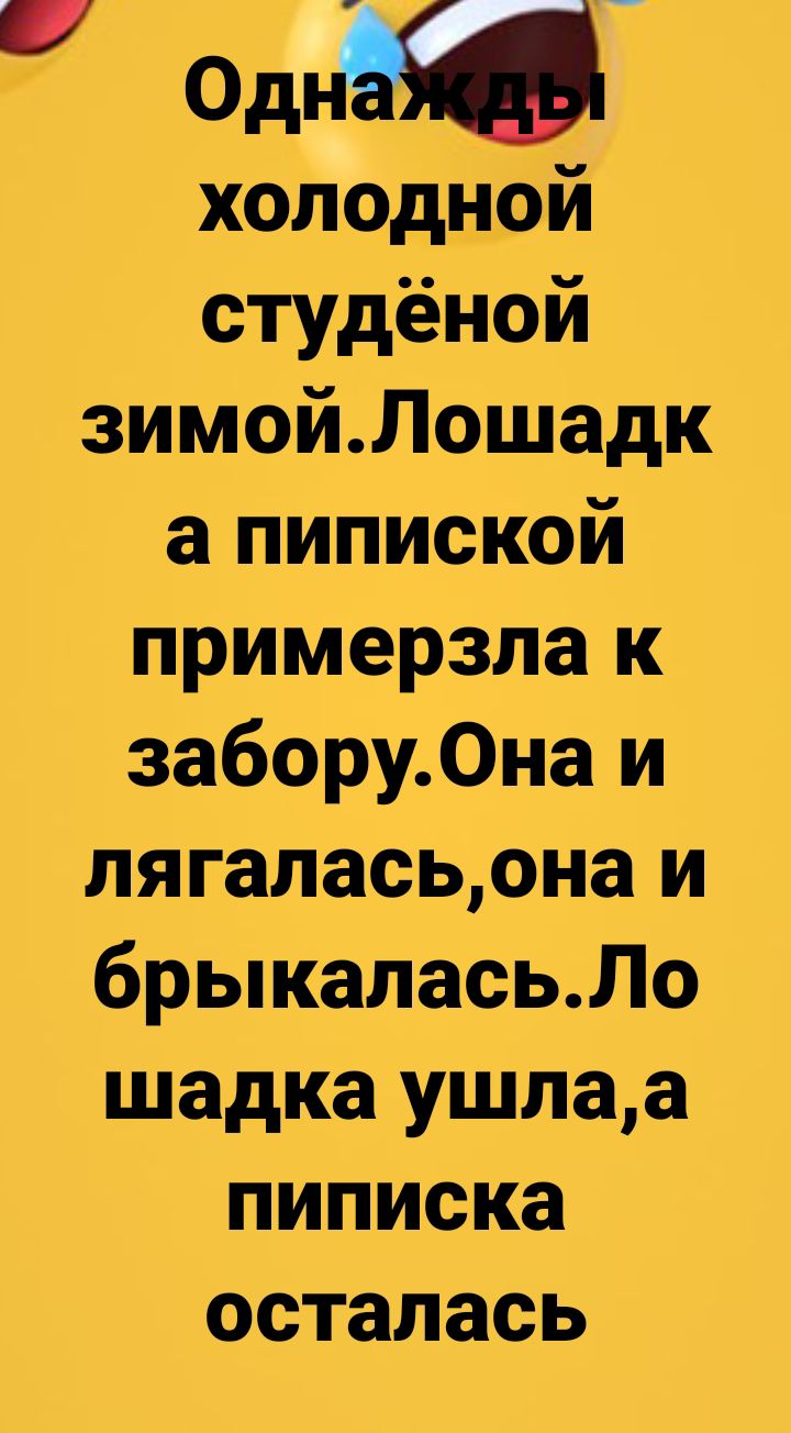 одни холодной студёной зимойЛошадк а пипиской примерзла к забору0на и лягаласьона и брыкаласьЛо шадка ушлаа пиписка осталась