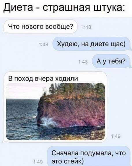 Диета страшная штука Что нового вообще Худею на диете щас _ А у тебя В поход вчера ходили Сначала подумала что это стейк