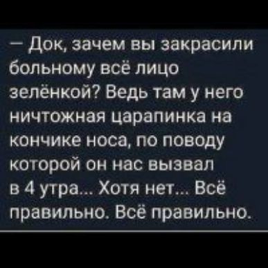 док зачем вы закрасили больному всё лицо зелёнкой Ведь там у него ничтожная царапинка на кончике носа по поводу которой он нас вызвал в 4 утра Хотя нет Всё правильно Всё правильно