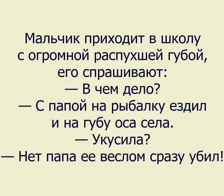 Мальчик приходит в школу с огромной распухшей губой его спрашивают В чем дело С папой на рыбалку ездил и на губу оса села Укусила Нет папа ее веслом сразу убил