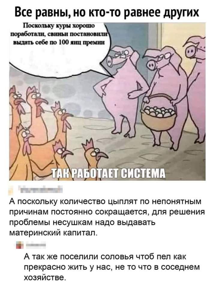 Все равны но кто то равнее других х_ А поскольку количество цыплят по непонятным причинам постоянно сокращается для решения проблемы несушкам надо выдавать материнский капитал А так же ПОСЗЛИЛИ СОЛОВЬЯ ЧТОб пел КЭК прекрасно жить у нас не то что в соседнем хозяйстве