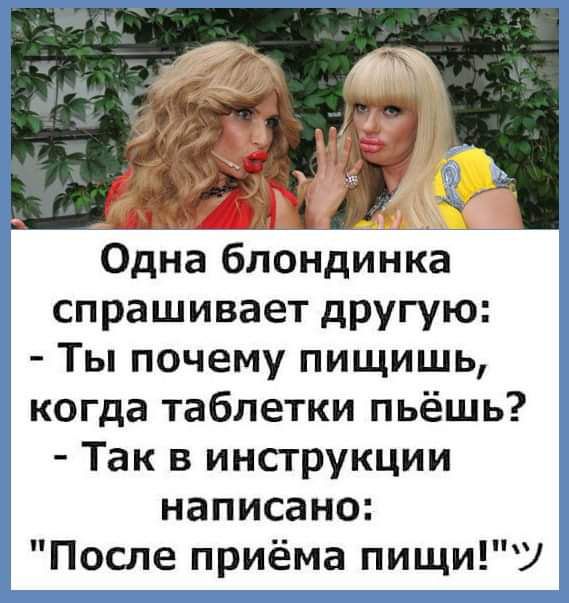 Одна блондинка спрашивает другую Ты почему пищишь когда таблетки пьёшь Так в инструкции написано После приёма пищиУ