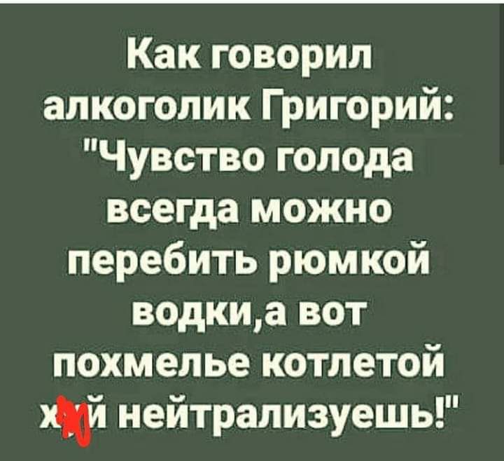 Как говорил алкоголик Григорий Чувство голода всегда можно перебить рюмкой водкиа вот похмелье котлетой нейтрализуешь