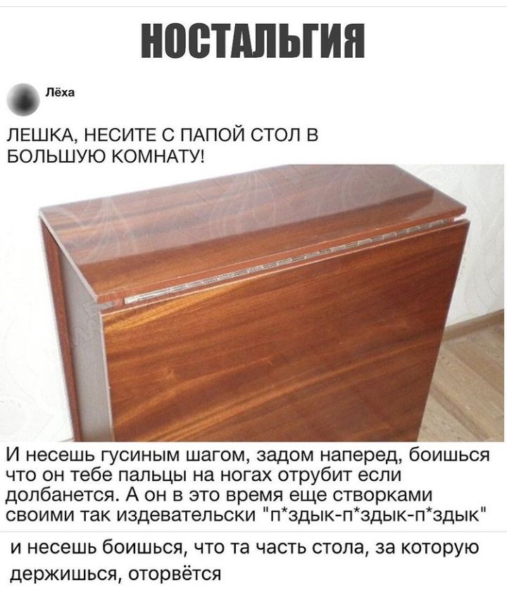 ноетдпыин Лёха ЛЕШКА НЕСИТЕ С ПАПОЙ СТОЛ В БОЛЬШУЮ КОМНАТУ И несешь гусиным шагом задом наперед боишься что он тебе пальцы на ногах отрубит если долбанется А он в это время еще створками своими так издевательски пздык пздык пздык и несешь боишься что та часть стопа за которую держишься оторвётся