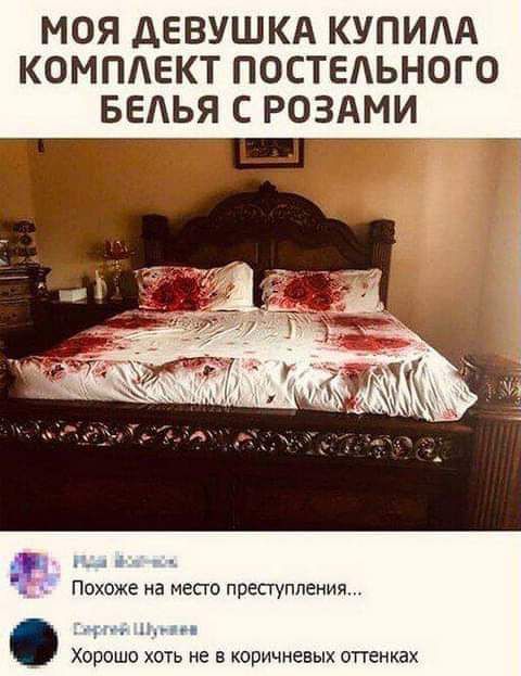 МОЯ ДЕВУШКА КУПИА КОМПЛЕКТ ПОСТЕАЬНОГО БЕАЬЯ С РОЗАМИ кц Похоже на место преступления к и Хорошо хоть не в коричневых оттенках