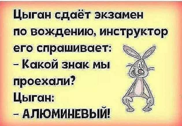Цыган сдаёт экзамен по вождению инструктор его спрашивает ЖЙ Какой знак мы проехали Цыган АЛЮМИНЕВЫЙ