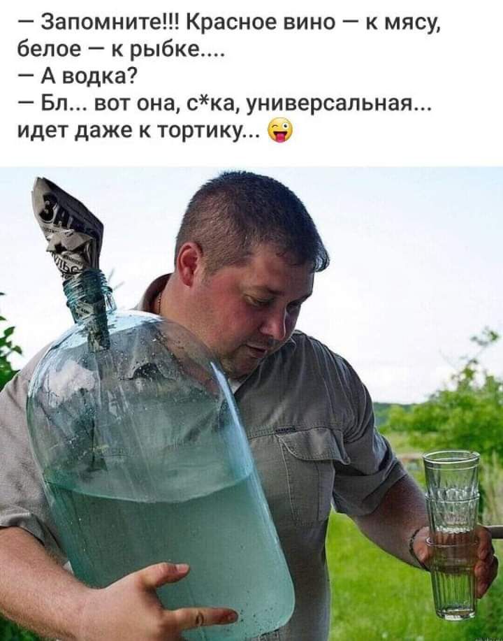 Запомните Красное вино к мясу белое к рыбке А водка Бл вот она ска универсальная идет даже к тортику