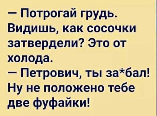Потрогай грудь Видишь как сосочки затвердели Это от холода Петрович ты забал Ну не положено тебе две фуфайки