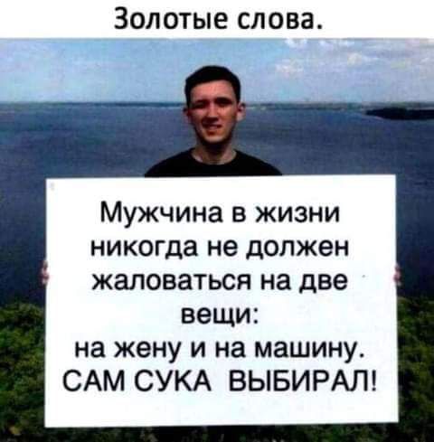 Золотые слова Мужчина в жизни никогда не должен жаловаться на две вещи на жену и на машину САМ СУКА ВЫБИРАЛ