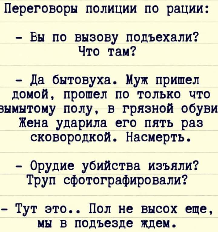 Переговоры полиции по рации Вы по вызову подъехали Что там да бытовуха Муж пришел домой прошел по только что знинтому полу в грязной обуви Жена ударила его пять раз сковородкой Насиерть Орудие убийства изъяли Труп сфотографировали Тут это Пол не внсох еще мы в подъезде ждем