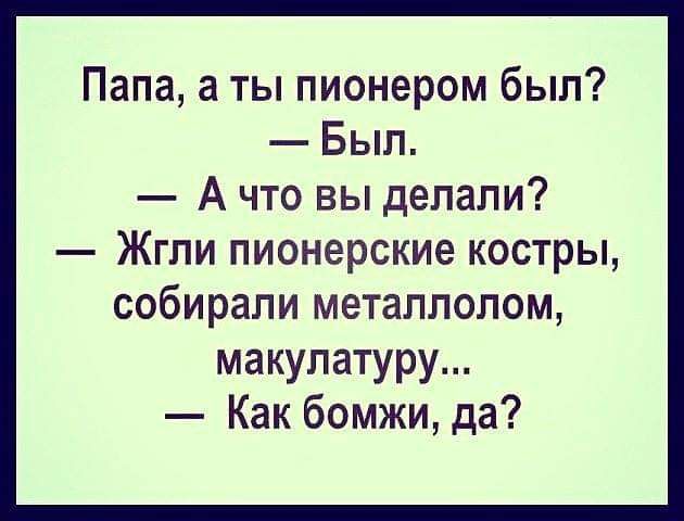 Папа а ты пионером был Был А что вы делали Жгли пионерские костры собирали металлолом макулатуру Как бомжи да