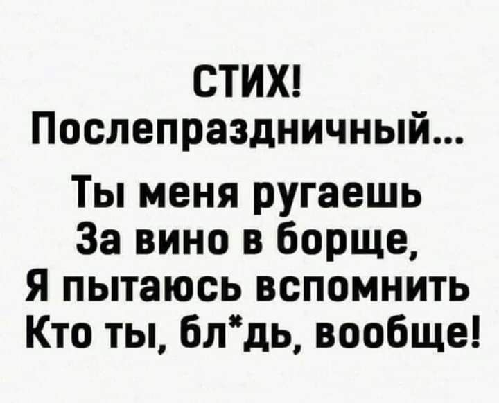 СТИХ Послепраздничный Ты меня ругаешь За вино в борще Я пытаюсь вспомнить Кто ты блдь вообще