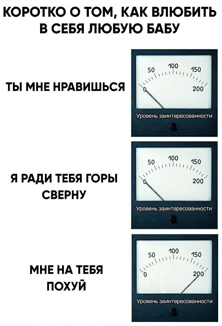 КОРОТКО О ТОМ КАК ВЛЮБИТЬ В СЕБЯ ЛЮБУЮ БАБУ ТЫ МНЕ НРАВИШЬСЯ Уровень заинтересованное Я РАДИ ТЕБЯ ГОРЫ СВЕРНУ Уровень заинтересованности мнв НА тввя похуй Уровень заинтересованности