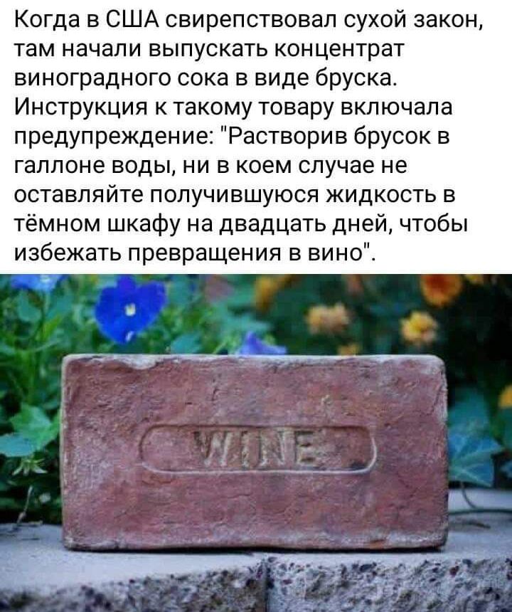 Когда в США свирепствовап сухой закон там начали выпускать концентрат виноградного сока в виде бруска Инструкция к такому товару включала предупреждение Растворив брусок в гаплоне воды ни в коем случае не оставляйте получившуюся жидкость в тёмном шкафу на двадцать дней чтобы избежать превращения в вино