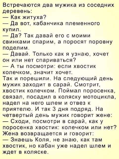 Встречаются два мужика из соседних деревень Как китуха да вот кабанчика племенного купил да Так давай его с моими свинками спарим а поросят поровну поделим давайт Только как я узнаю хочет он или нет спариваться А ты посмотри если хвостик колечком значит хочет Так и порешили На следующий день мужик заходит в сарай Смотрит хвостик колечком Поймал поросенка связал посадил в коляску мотоцикла надел на