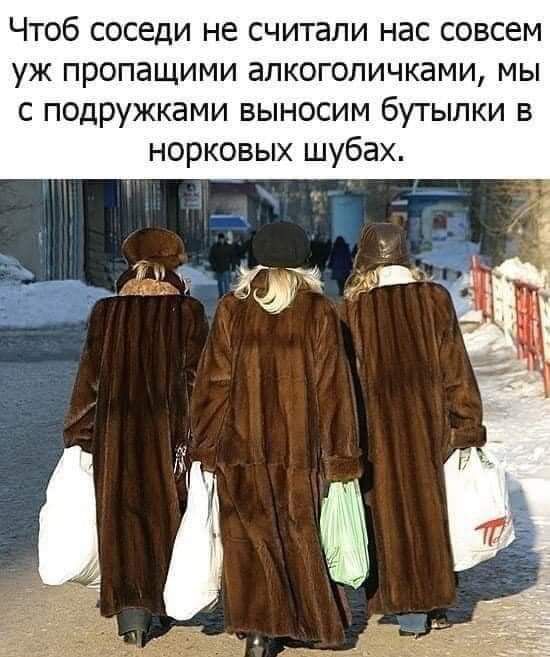 Чтоб соседи не считали нас совсем уж пропащими алкоголичками мы с подружками выносим бутылки в норковых шубах