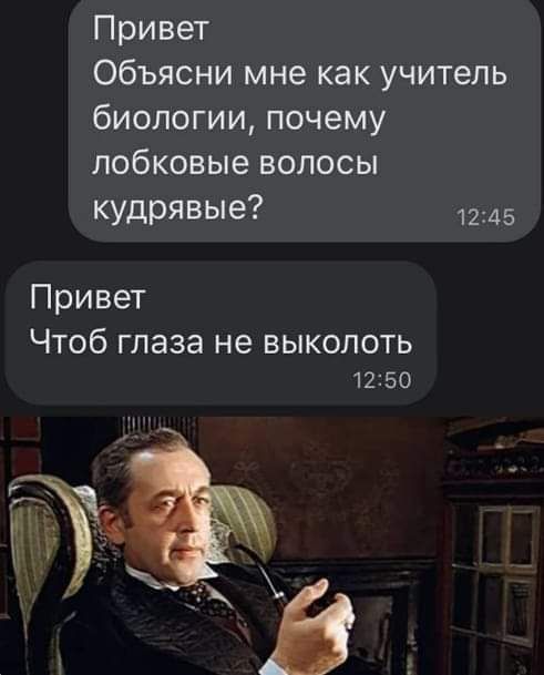Привет Объясни мне как учитель биологии почему лобковые волосы кудрявые 1245 Привет Чтоб глаза не выколоть 1250