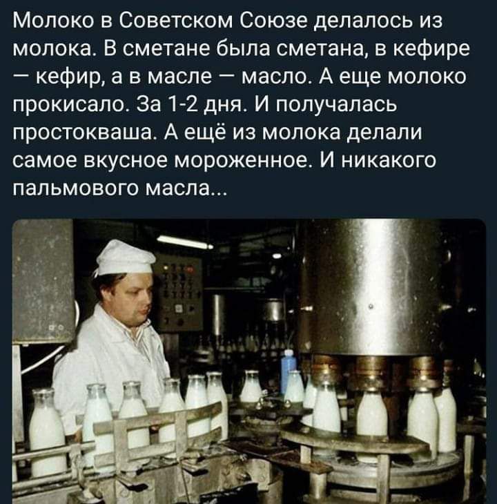 Молоко в Советском Союзе делалось из молока В сметане была сметана в кефире кефир а в масле масло А еще молоко прокисало За 1 2 дня И получалась простокваша А ещё из молока делали самое вкусное мороженное И никакого пальмового масла