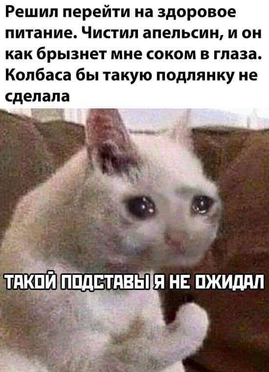 Решил перейти на здоровое питание Чистил апельсин и он как брызнет мне соком в глаза Колбаса бы такую подлянку не сделала