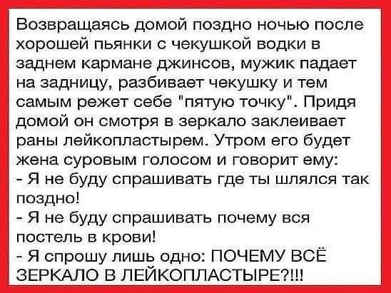 Возвращаясь домой поздно ночью после хорошей пьянки чекушкой водки в заднем кармане джинсов мужик падает на задницу разбивает чекушку и тем самым режет себе пятую точку Придя домой он смотря в зеркало заклеивает раны лейкоппастырем Утром его будет жена суровым голосом и говорит ему Я не буду спрашивать где ты шлялся так поздно Я не буду спрашивать почему воя постель в крови Я спрошу лишь одно ПОЧЕ