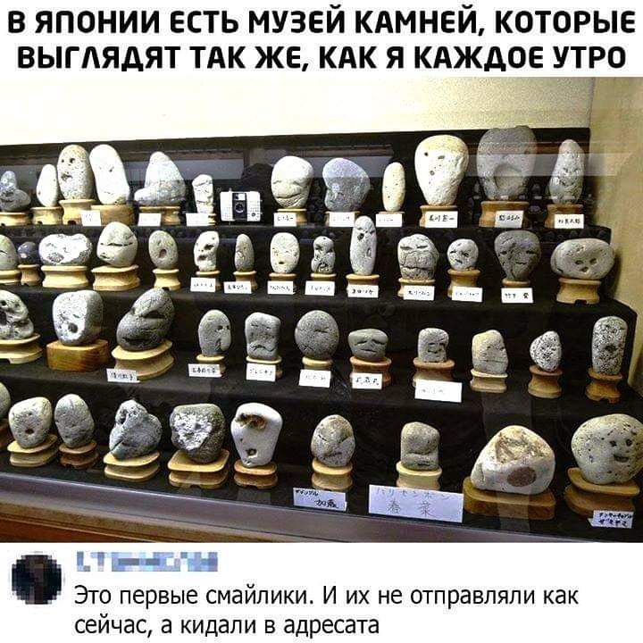 В ЯПОНИИ ЕСТЬ МУЗЕЙ КАМНЕЙ КОТОРЫЕ ВЫГАЯДЯТ ТАК ЖЕ КАК Я КАЖДОЕ УТРО Это первые смайлики И их не отправляли как сейчас а кидали в адресата